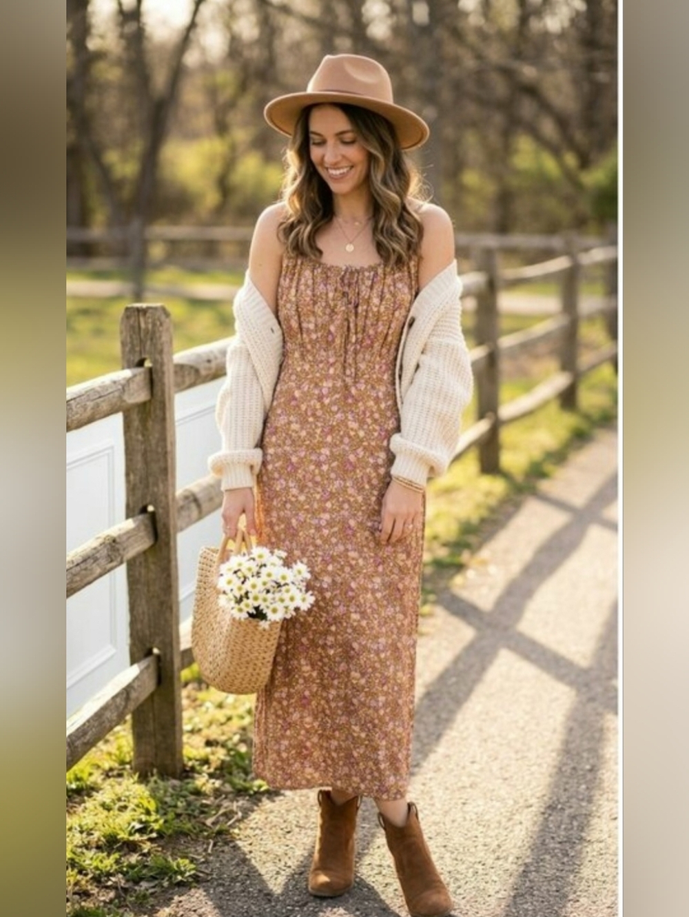 Floral Cami Midi Slip Dress in Mustard Brown Fall Base Whimsy 90s Y2K Milkmaid